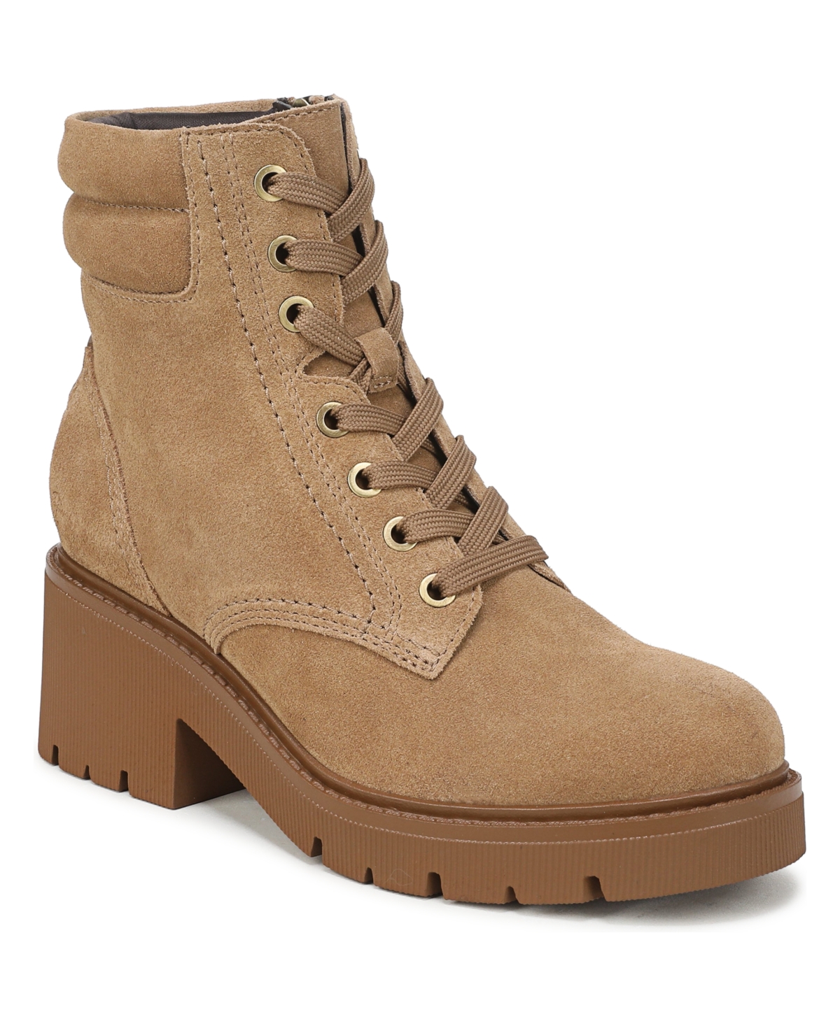 Naturalizer Jovani Water Repellent Platform Bootie Boots, Tan Brown Suede Leather, 12.0W Lace-Up Style, Round Toe, Block Heels, Zip Closure