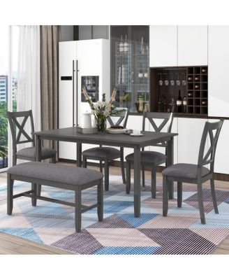 6-Piece Wooden Dining Table Set with 4 Chairs and Bench