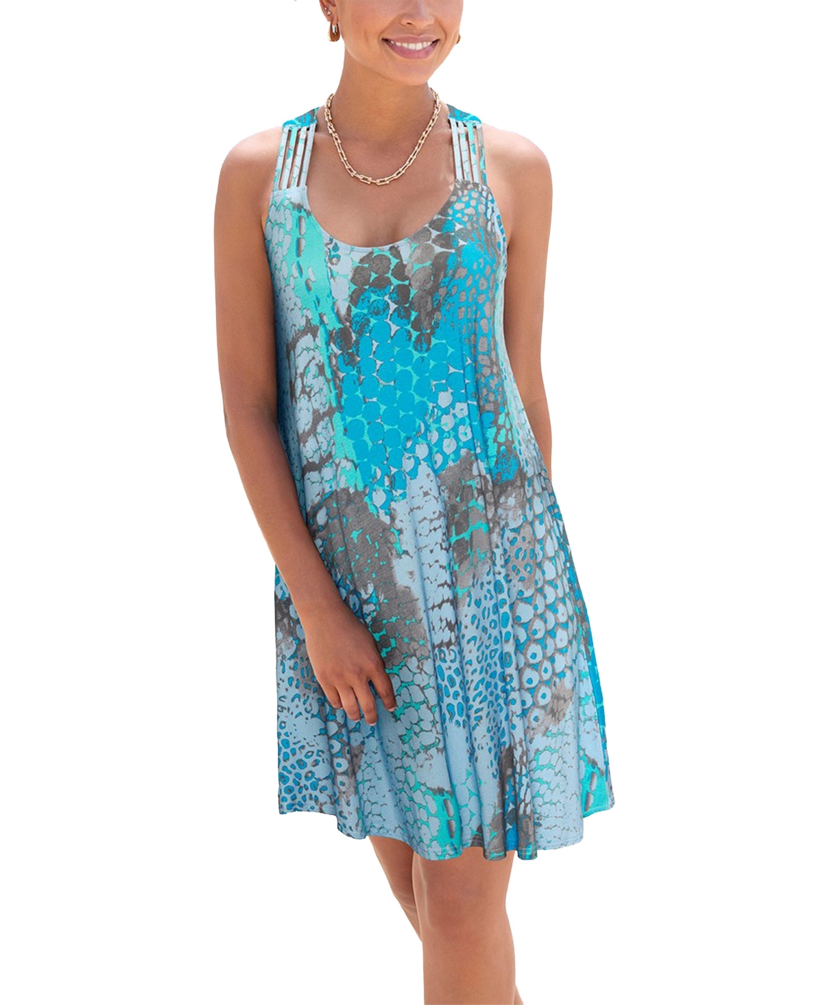 Lascana Women's Viscose Printed Strappy Detail Racerback Scoop-Neck Short Dress - Blue multi