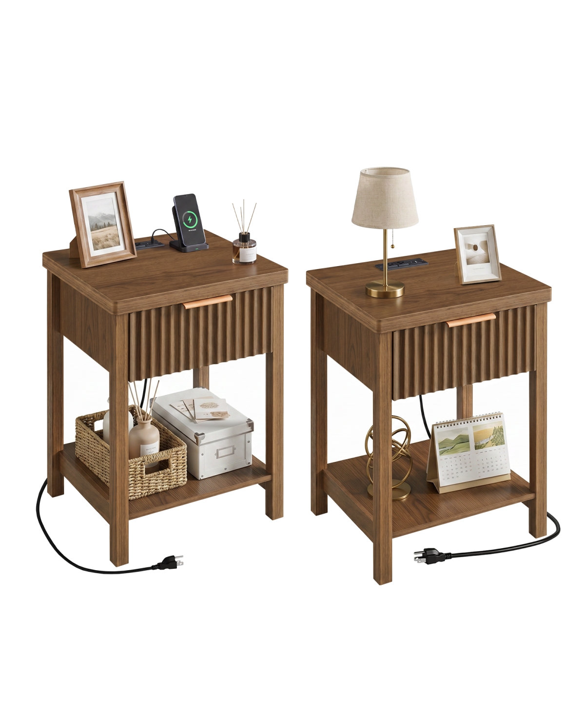 Streamdale Furniture Fluted Wood Nightstand Set of 2 with Charging Station and Drawer