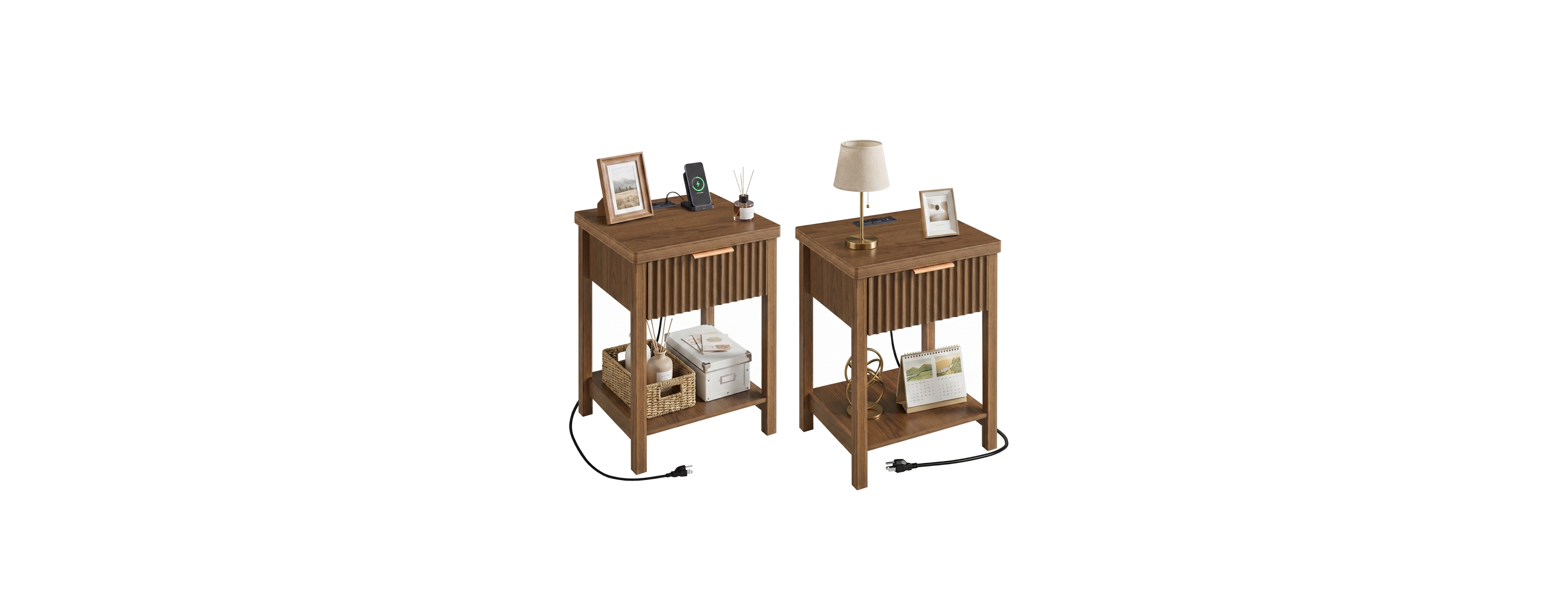 Streamdale Furniture Fluted Wood Nightstand Set of 2 with Charging Station and Drawer