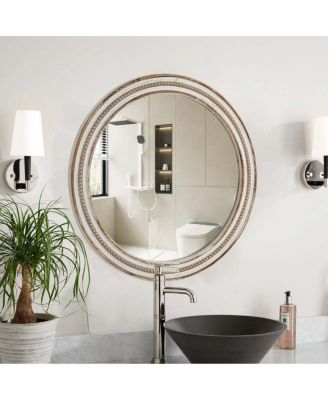 Beaded Round Wall Mirror Farmhouse Decorative Accent Mirror for Bathroom and Entryway