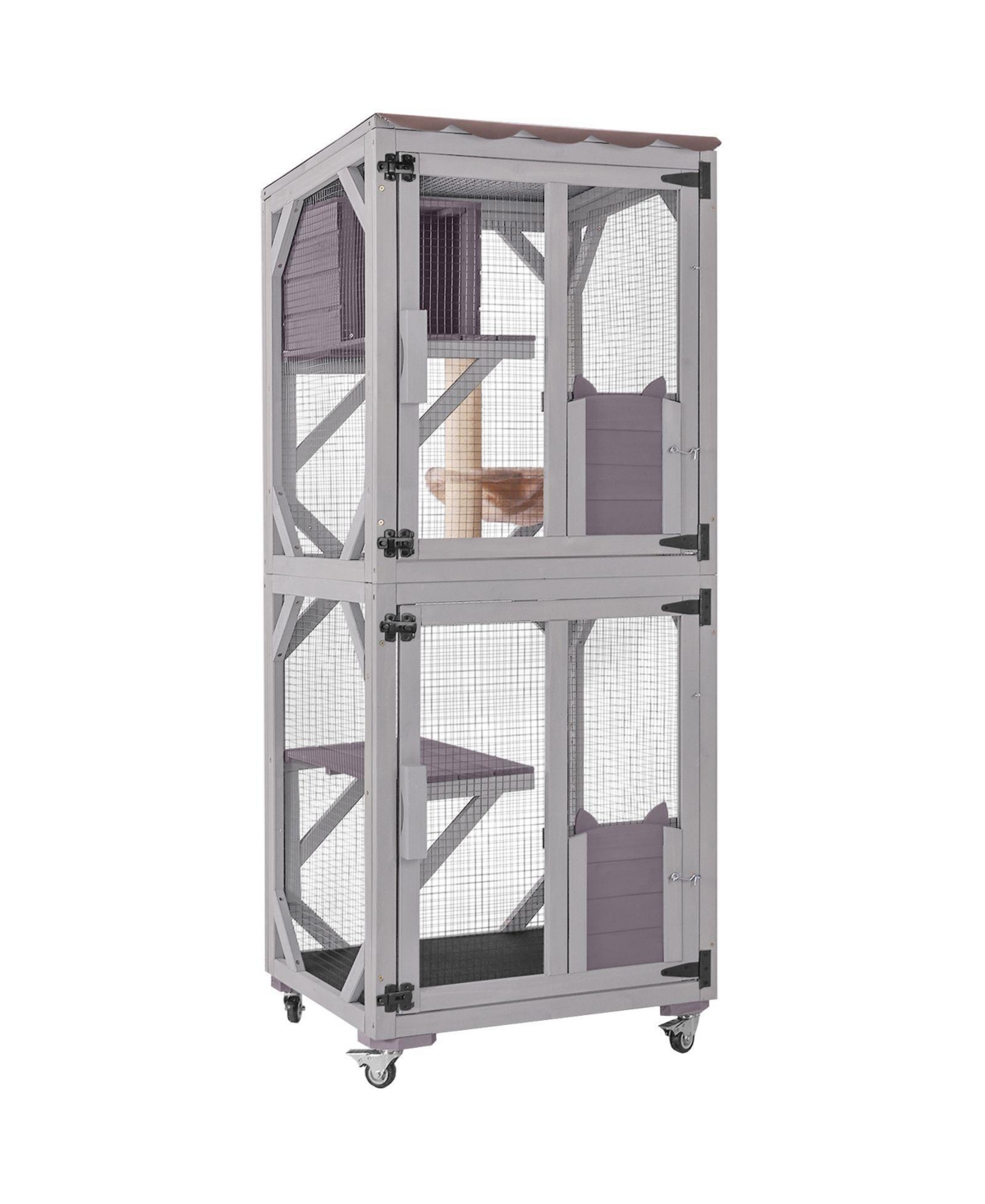 aivituvin Medium Cat Catio Outdoor Cat House with Wheels Connects to Window and Cat Door - Gray