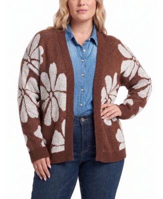 Plus Size Open-Front Floral Long-Sleeve Cardigan