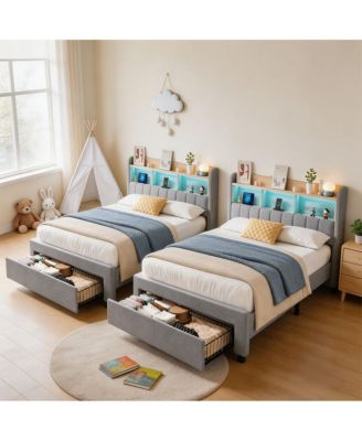 Set of 2 Twin Platform Bed Frame with Storage Headboard and Charging Station, Linen Upholstered with LED Light Strip and 2 Drawers