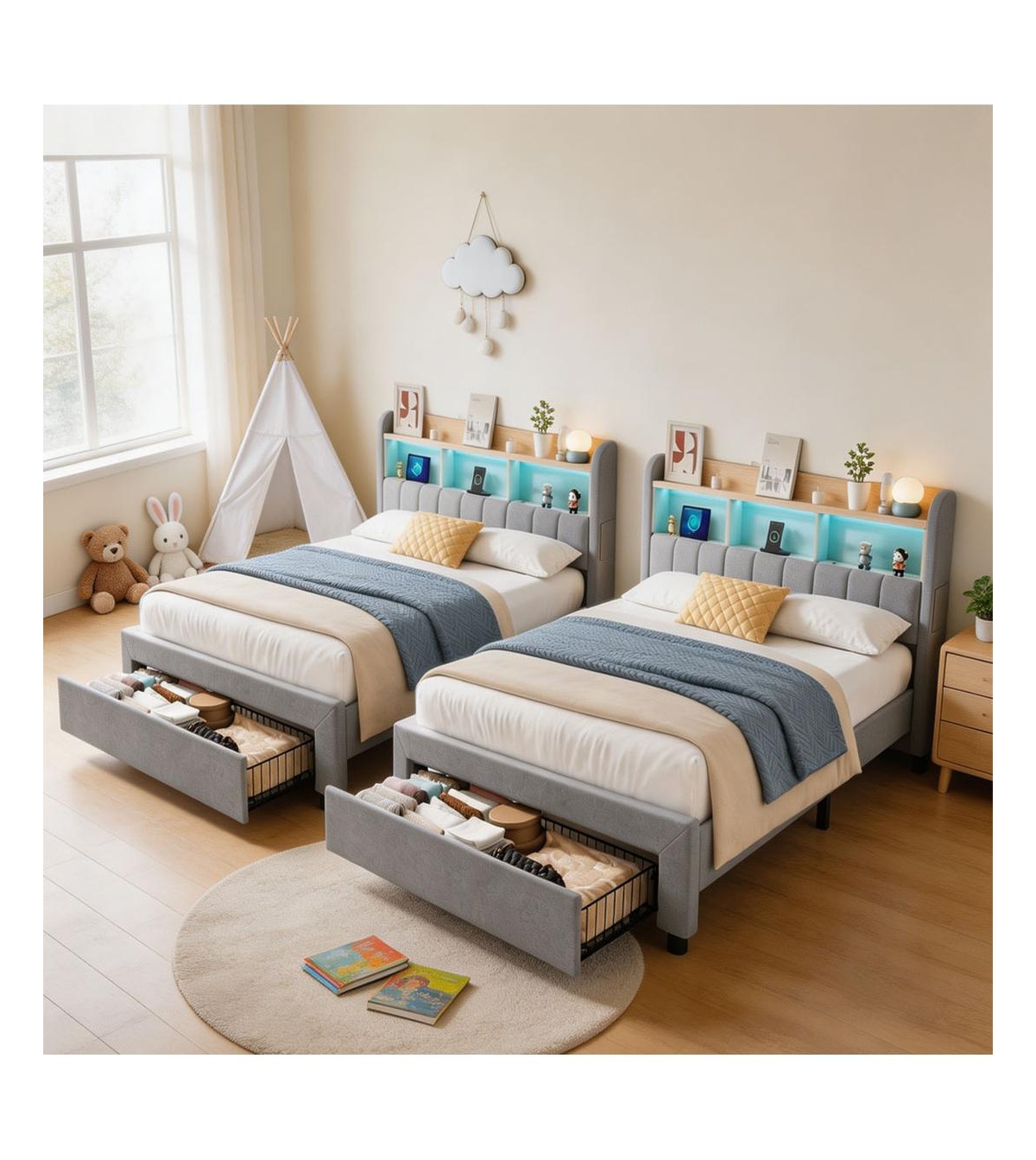 homfan Set of 2 Twin Platform Bed Frame with Storage Headboard and Charging Station, Linen Upholstered with Led Light Strip and 2 Drawers