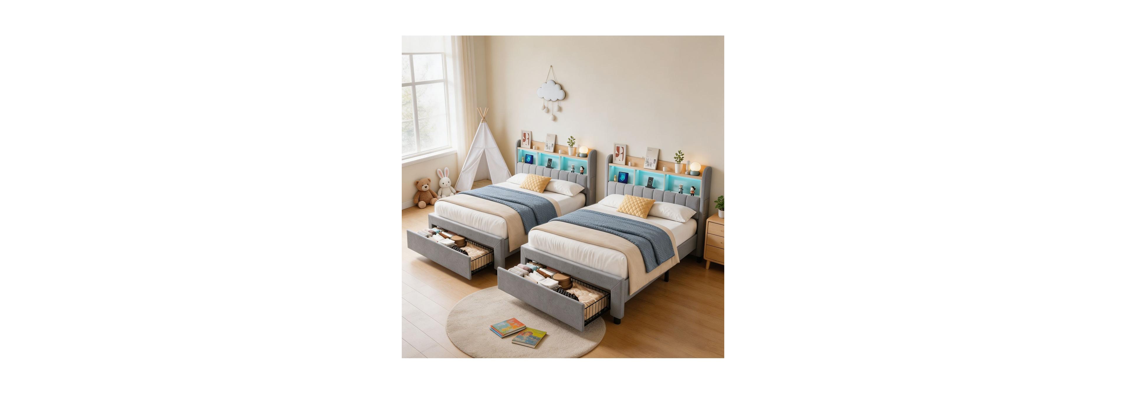 homfan Set of 2 Twin Platform Bed Frame with Storage Headboard and Charging Station, Linen Upholstered with Led Light Strip and 2 Drawers