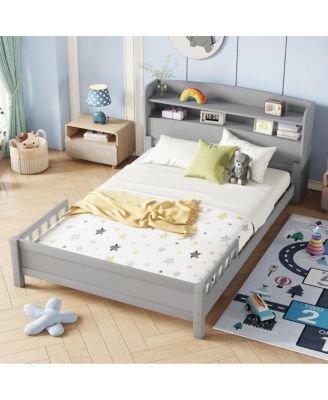 Full Size Pine Wood Bed with Bookcase Headboard, LED Motion Sensor Light and Flexible Guardrails, for Kids Bedroom Dormitory Guest Room