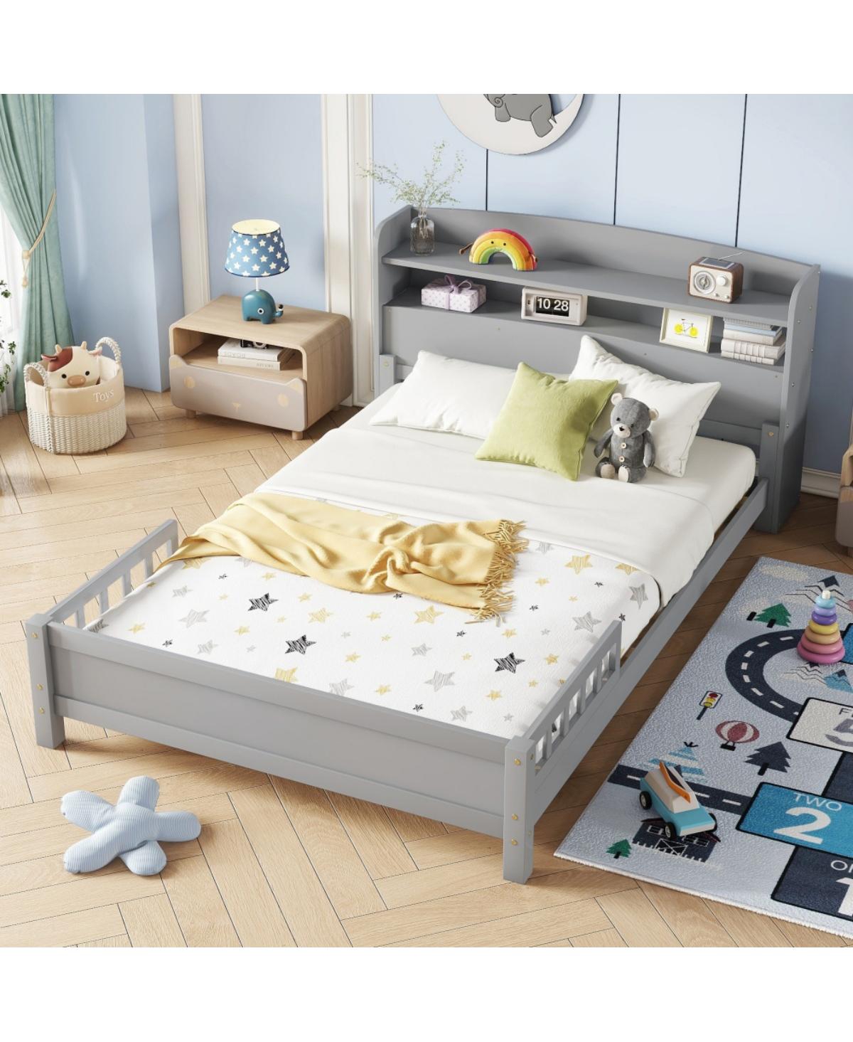 Rainsken Full Size Pine Wood Bed with Bookcase Headboard, Led Motion Sensor Light and Flexible Guardrails, for Kids Bedroom Dormitory Guest Room