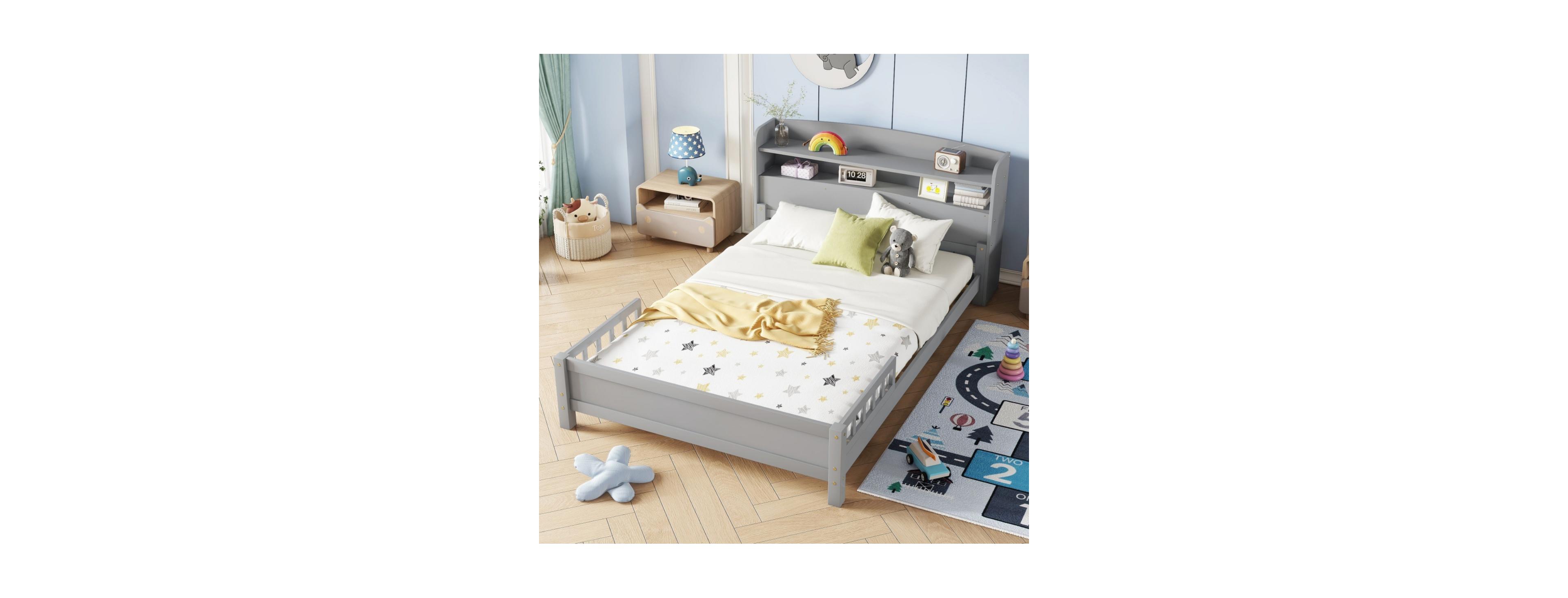 Rainsken Full Size Pine Wood Bed with Bookcase Headboard, Led Motion Sensor Light and Flexible Guardrails, for Kids Bedroom Dormitory Guest Room