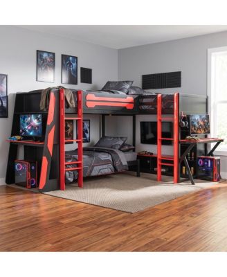 L-Shaped Twin Gaming Bed with RGB Lights USB Ports and Storage Shelves