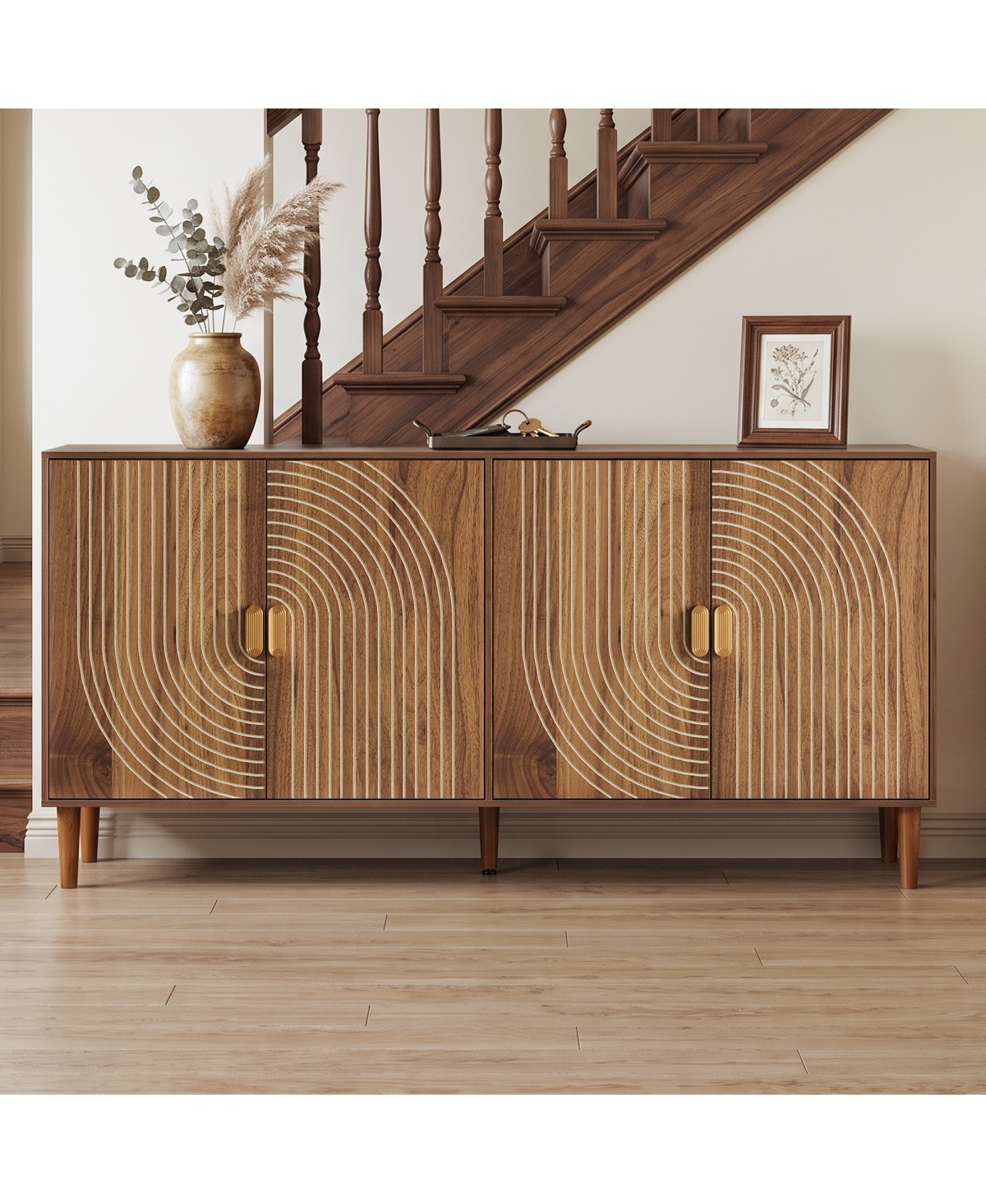 Streamdale Furniture 62.6" Walnut 4-Door Grooved Sideboard Credenza and Accent Cabinet
