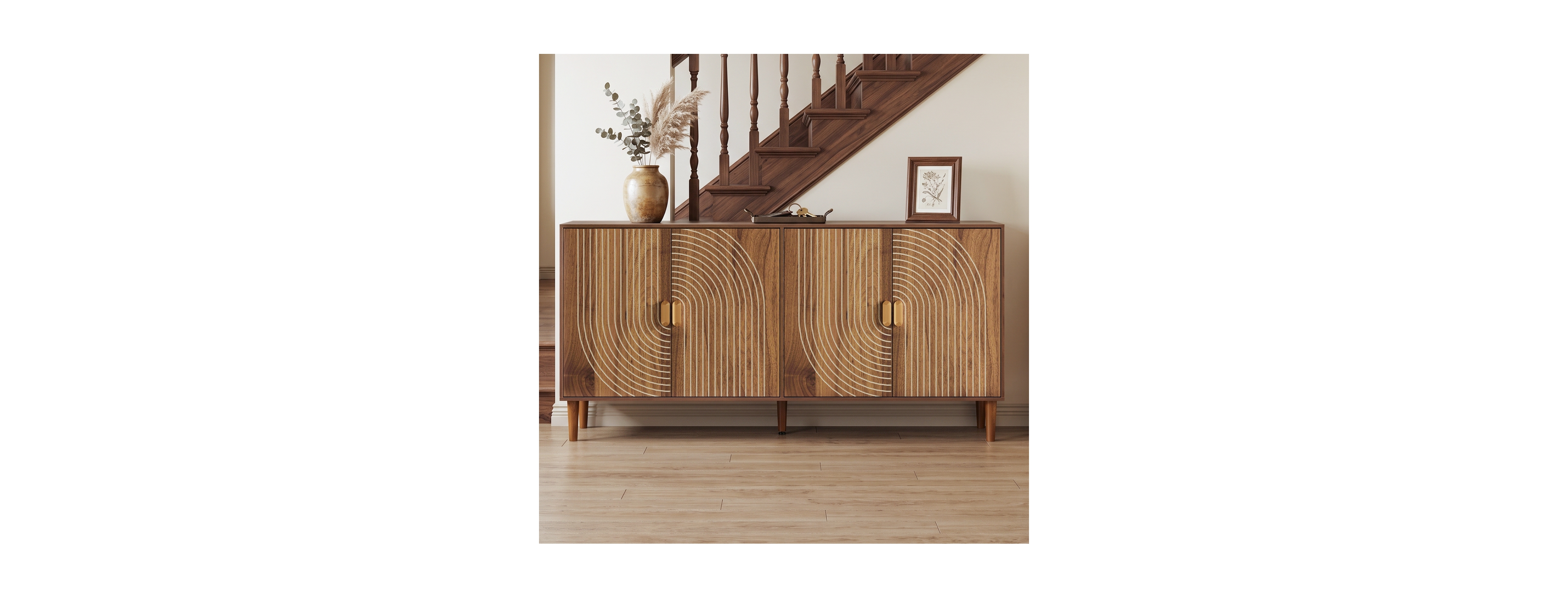 Streamdale Furniture 62.6" Walnut 4-Door Grooved Sideboard Credenza and Accent Cabinet