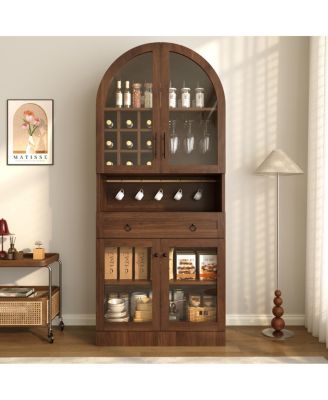 70" Arched Bar Cabinet, Mid-Century Coffee Bar and Wine Liquor Cabinet