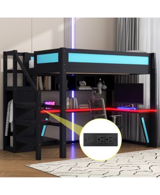Full Size Loft Bed with Desk Wardrobe LED and USB