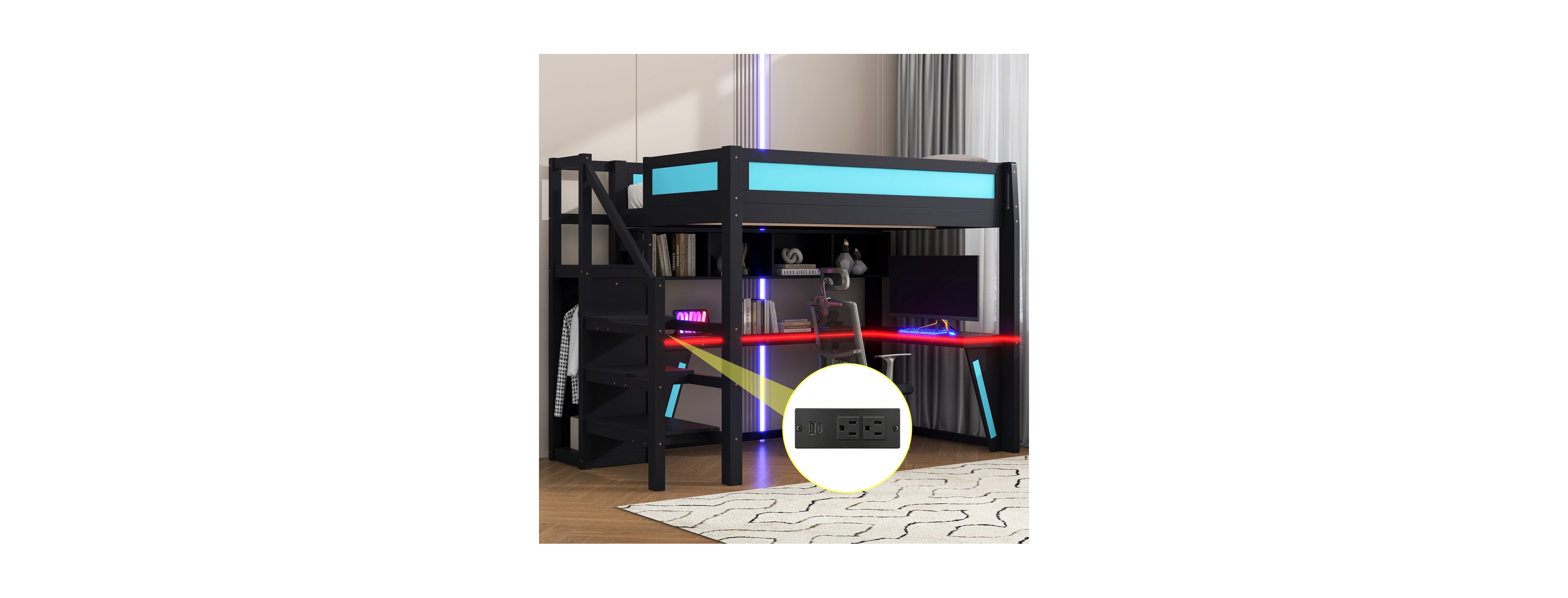 Streamdale Furniture Full Size Loft Bed with Desk Wardrobe Led and Usb