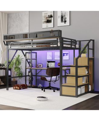 Metal Full Loft Bed with Desk, Stairs, Wardrobe and LED Light