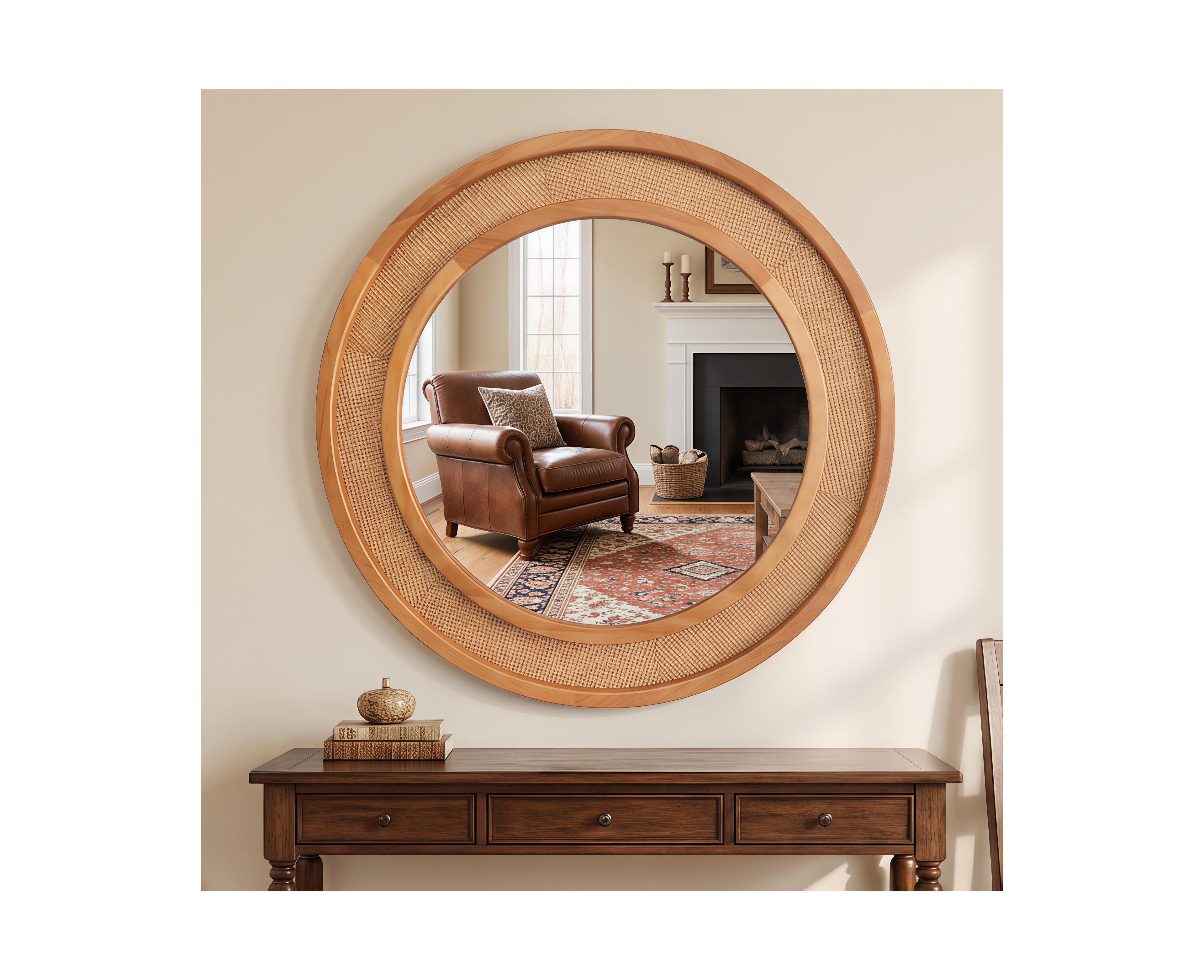 Laoties 24" Farmhouse Round Rattan Wall Mirror with Solid Wood Frame Double-Ring Decorative Accent