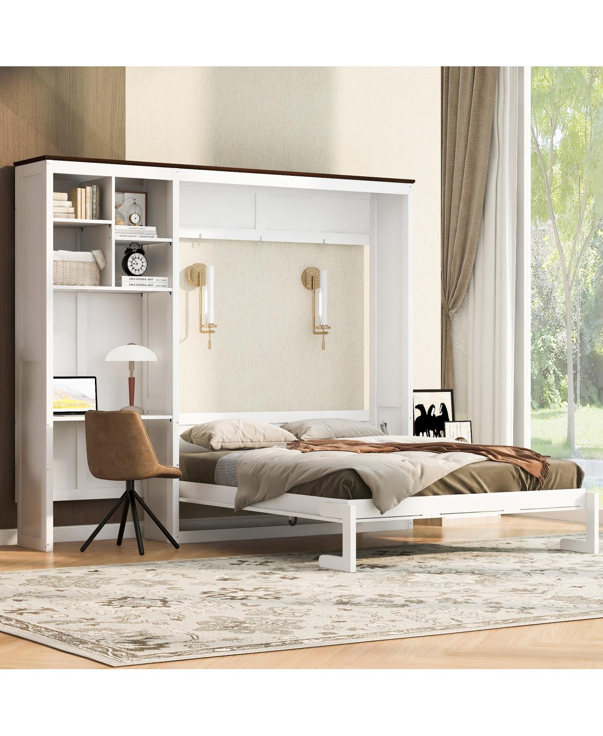 Streamdale Furniture Queen Size Murphy Bed with Integrated Desk and Multi Layer Storage Cabinet