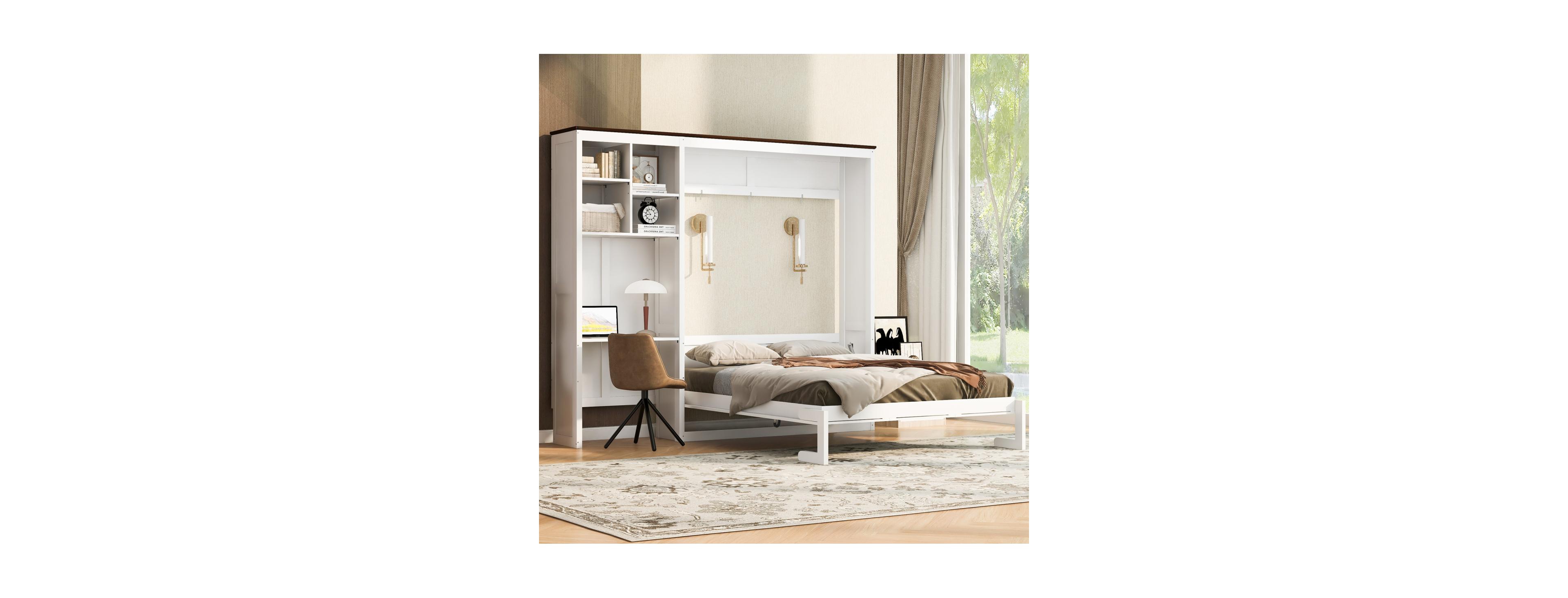 Streamdale Furniture Queen Size Murphy Bed with Integrated Desk and Multi Layer Storage Cabinet