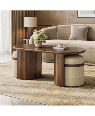 Space Saving Oval Wooden Coffee Table Set with 2 Matching Poufs