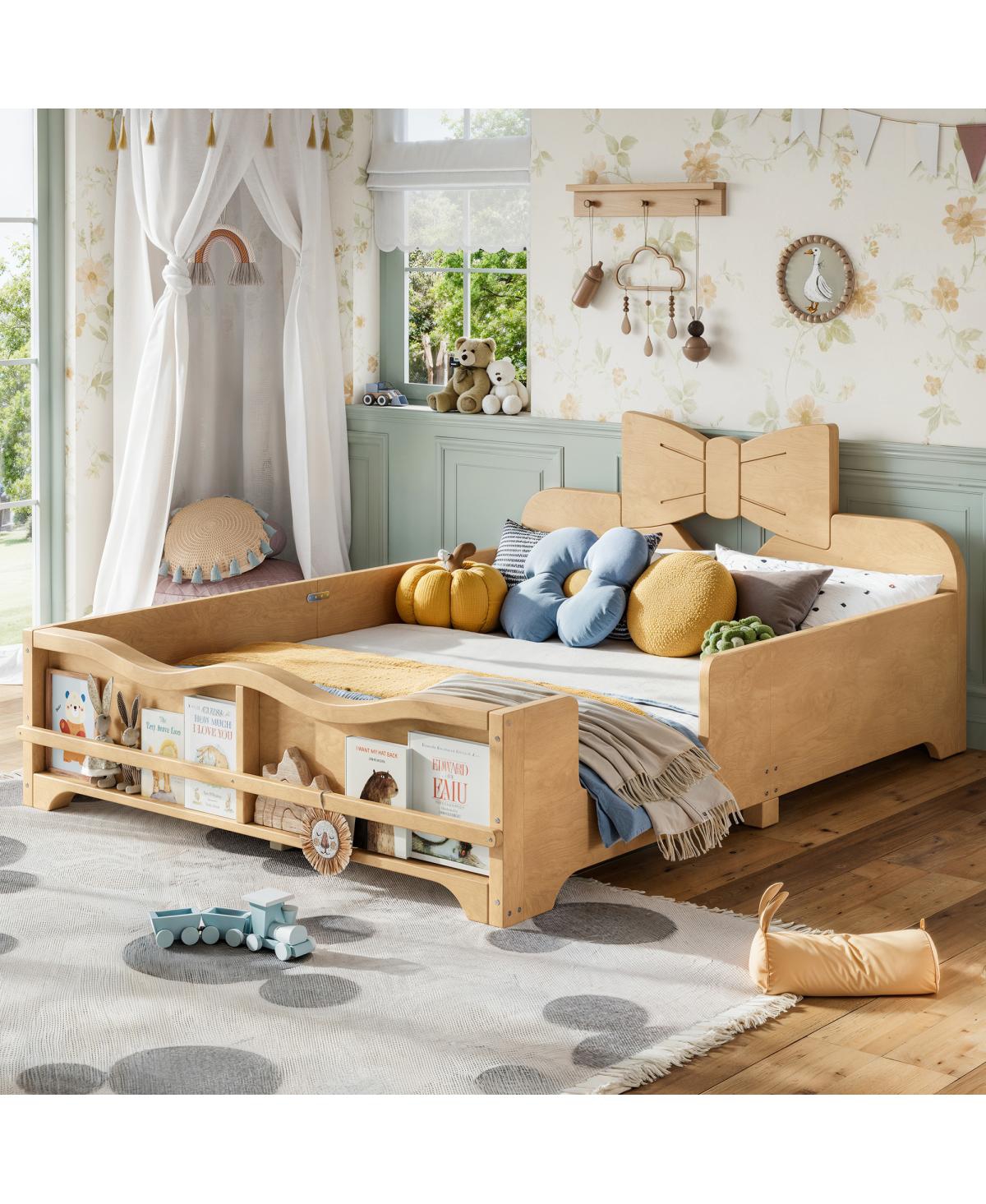 Streamdale Furniture Kids Wood Platform Floor Bed with Bowknot Headboard and Guardrails