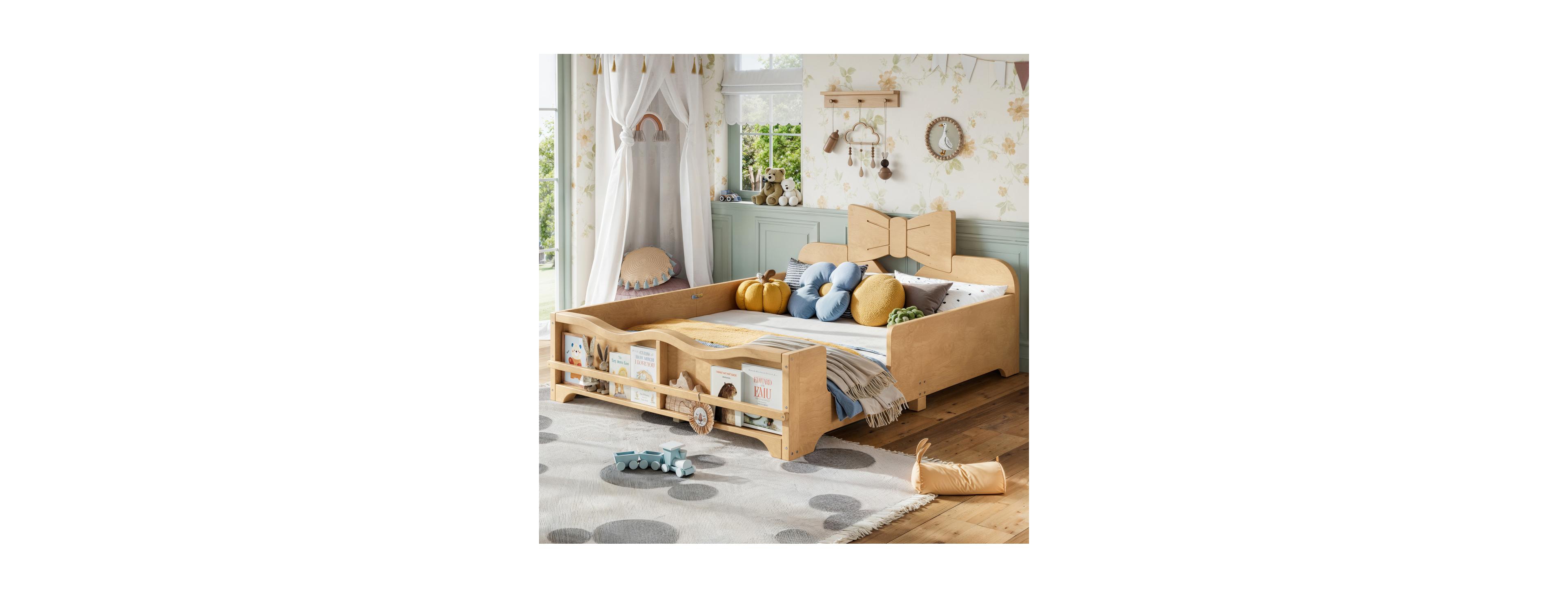 Streamdale Furniture Kids Wood Platform Floor Bed with Bowknot Headboard and Guardrails