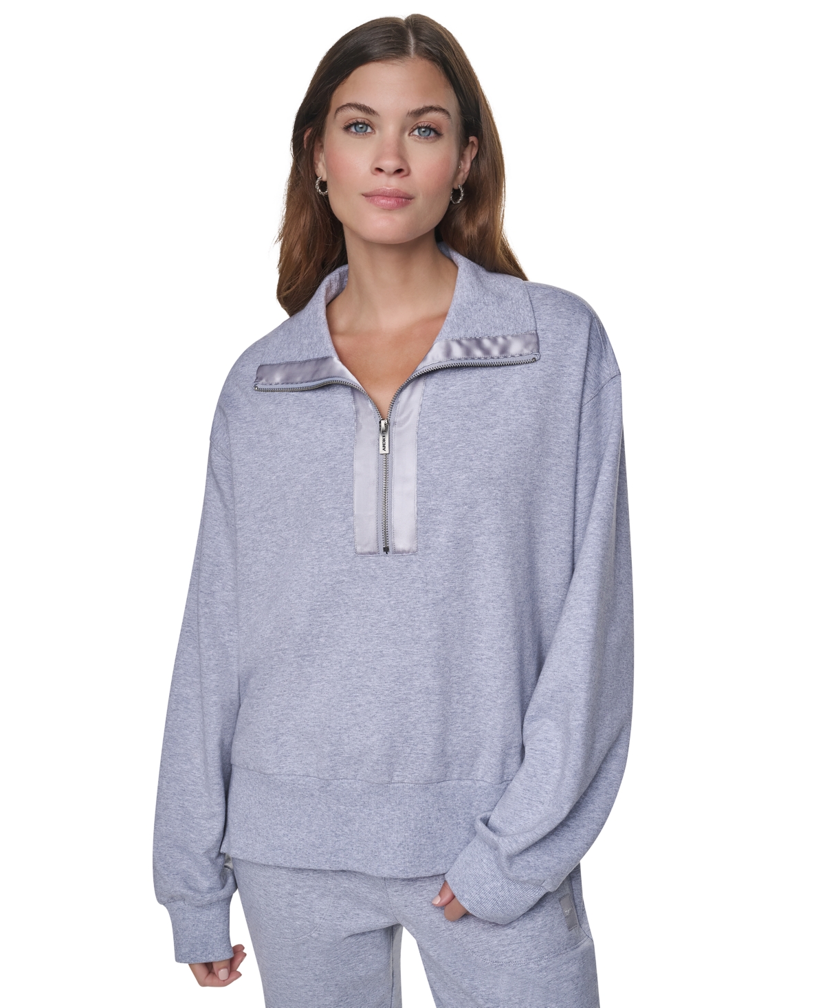 Dkny Sport Women's Mock Neck Quarter Zip Pullover With Tonal Satin Trim - Pearl Grey