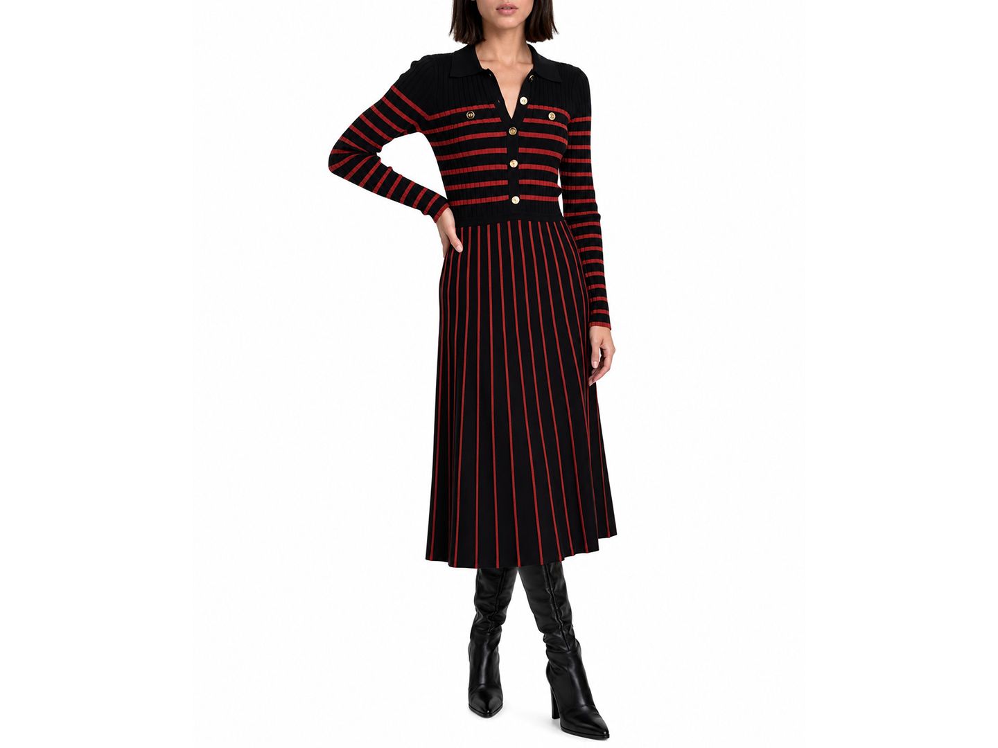 Женское платье Elie Tahari Elodie Long-Sleeve Collared Midi Sweater Dress, цвет: Чёрный / Toasted Saffron — фото 1