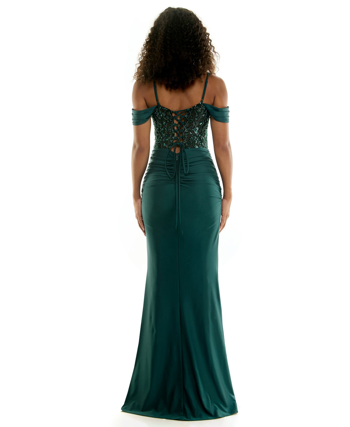 Женское платье City Studios Juniors' Off-the-Shoulder Beaded Lace-up Back Gown, цвет: Глубокий тёмно-зелёный — фото 5