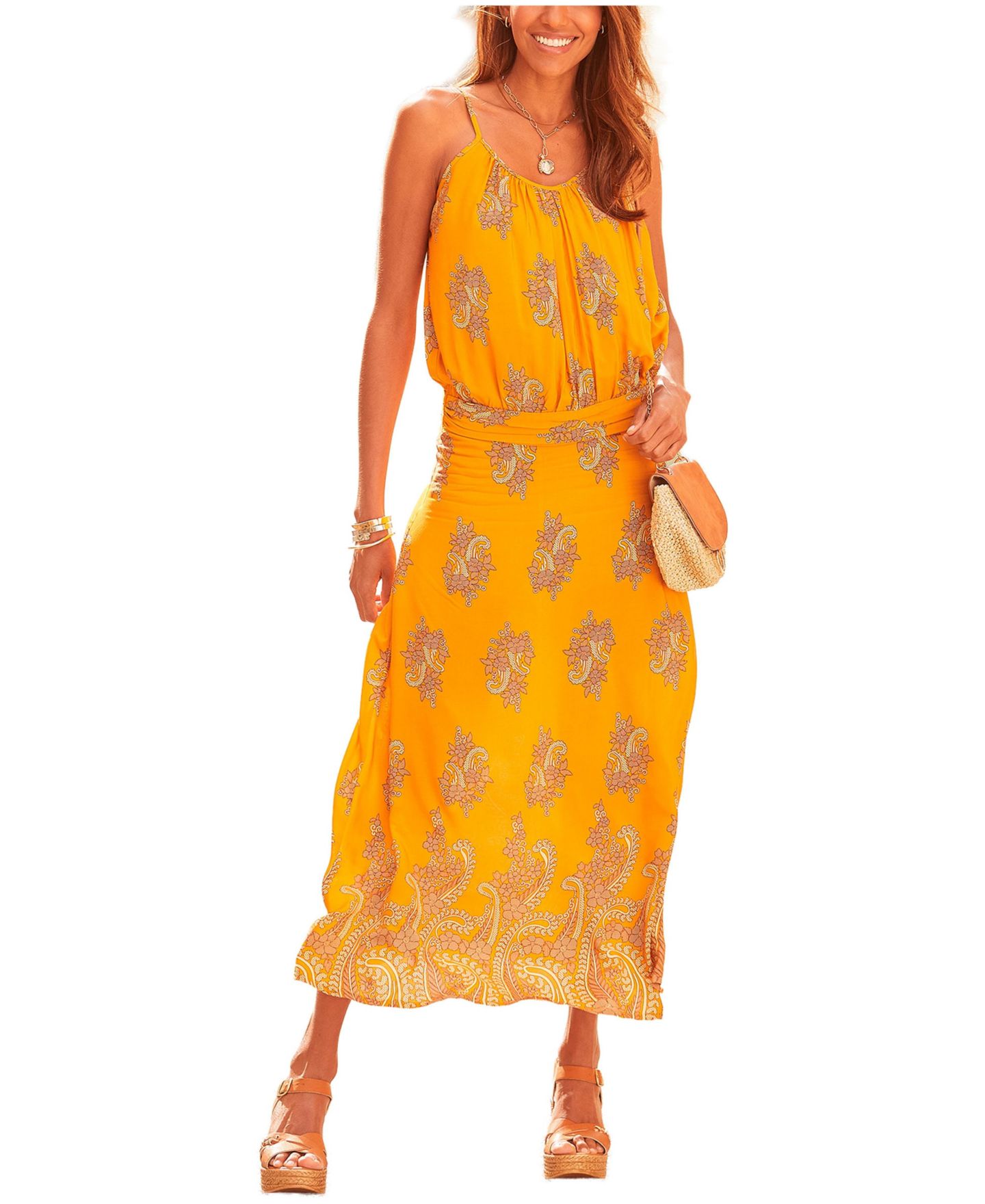 Женское платье Lascana Viscose Paisley Print V-Neck Drop-Waist Maxi, цвет: Карри с принтом — фото 1