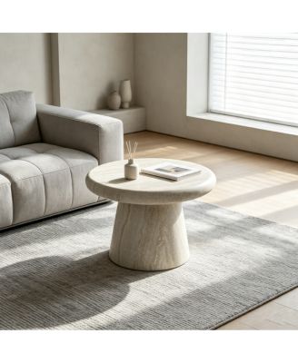 Round Travertine Print Fiberglass Coffee Table with Cylinder Base, No Assembly