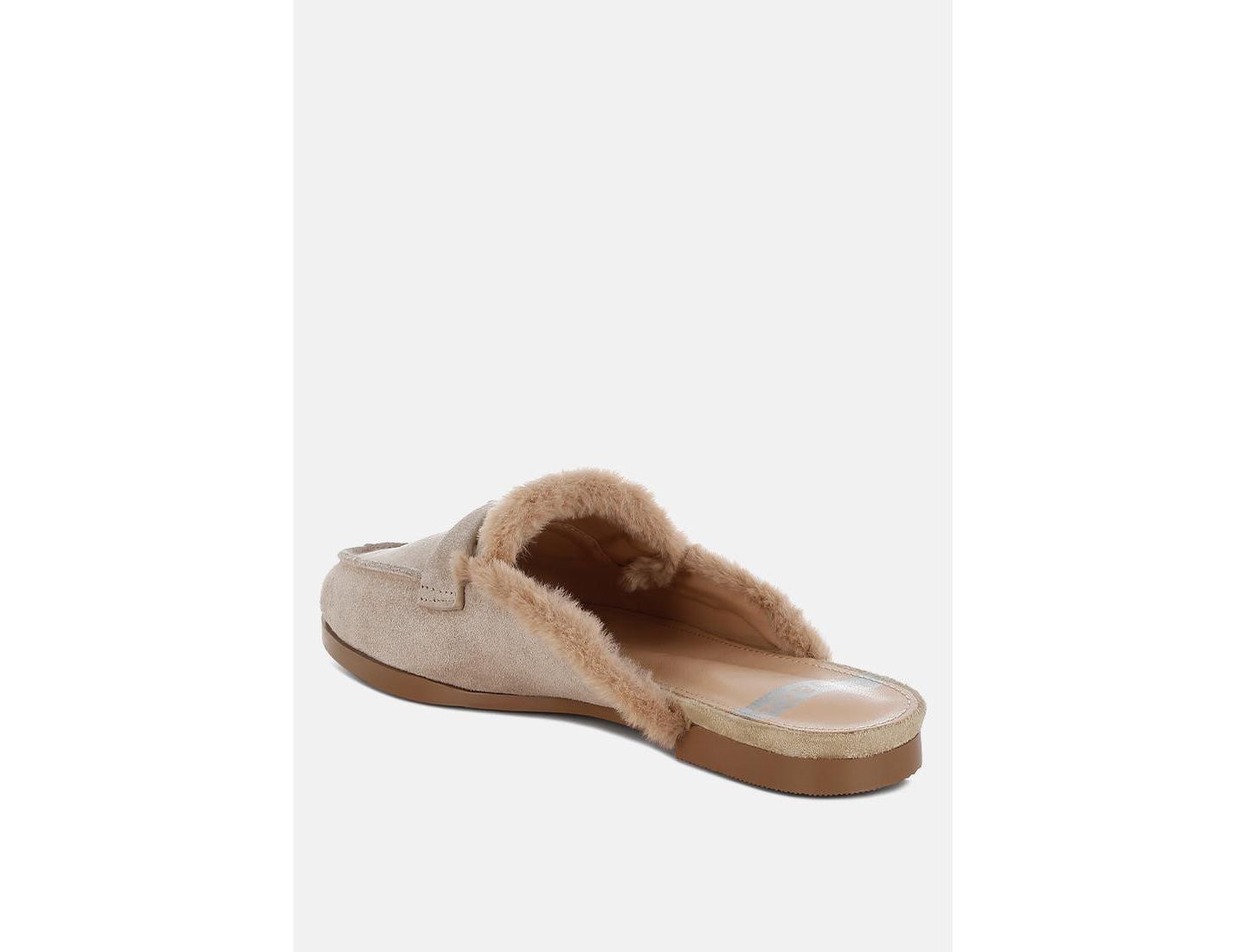 Женские сабо Rag & Co Bosnia Suede and Faux Fur Slip On Mules, цвет: Бежевый замшевый кожаный — фото 8