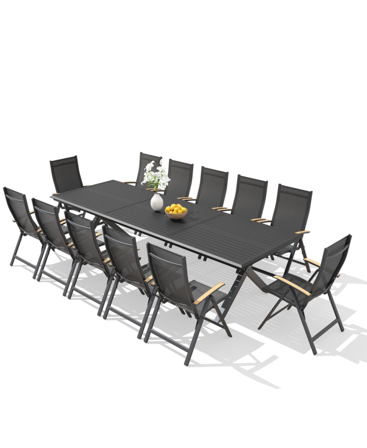 Pellebant 13/15-Piece Outdoor Dining Set Aluminum Table with Umbrella Hole and Foldable Chairs 8 Adjustable Angles - of
