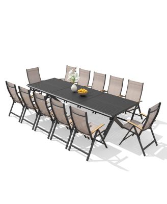 13/15-Piece Outdoor Dining Set Aluminum Table with Umbrella Hole and Foldable Chairs with 8 Adjustable Angles