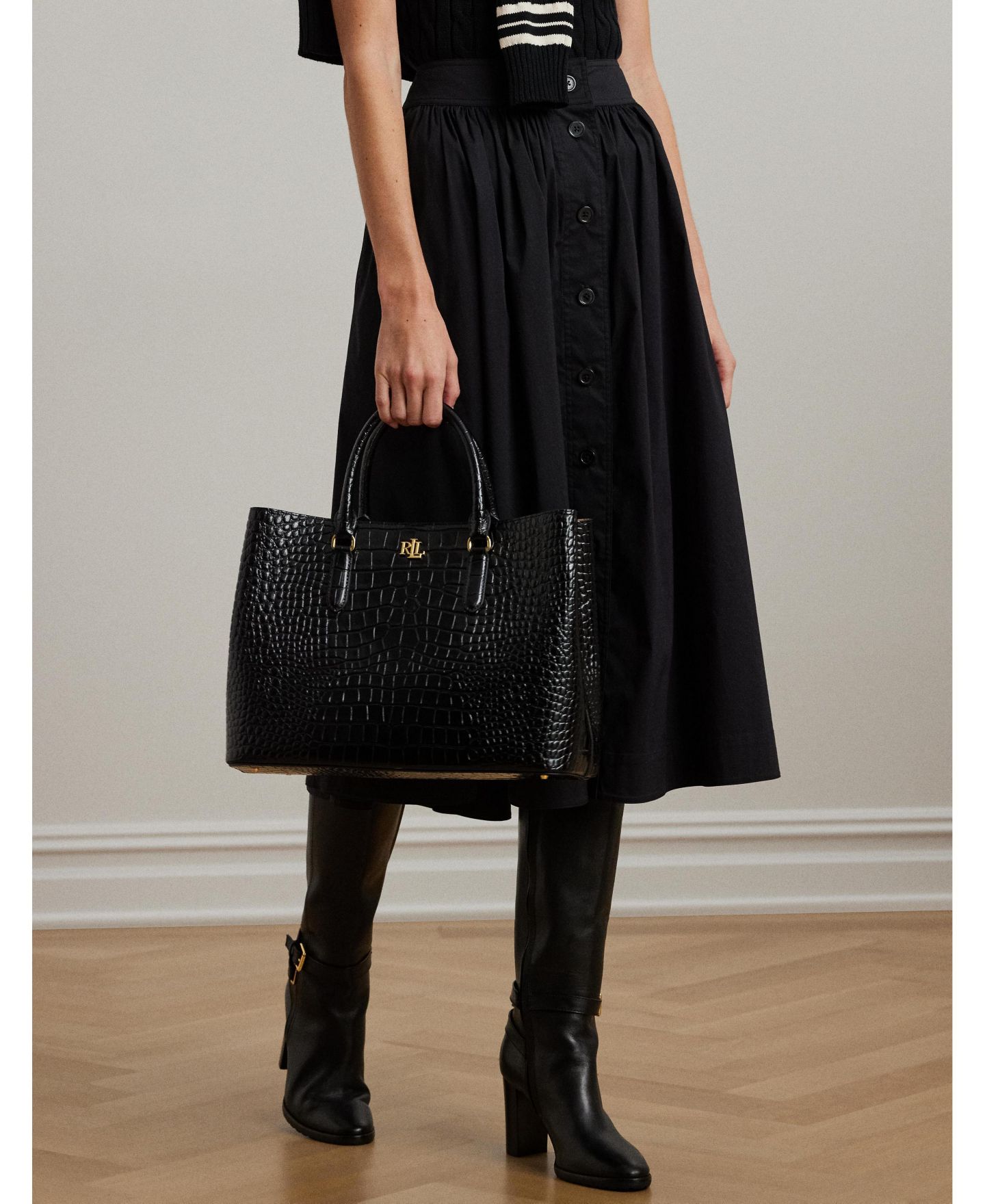 Женская сумка Lauren Ralph Lauren Marcy Large Embossed Satchel, цвет: Чёрный / Золотой — фото 2
