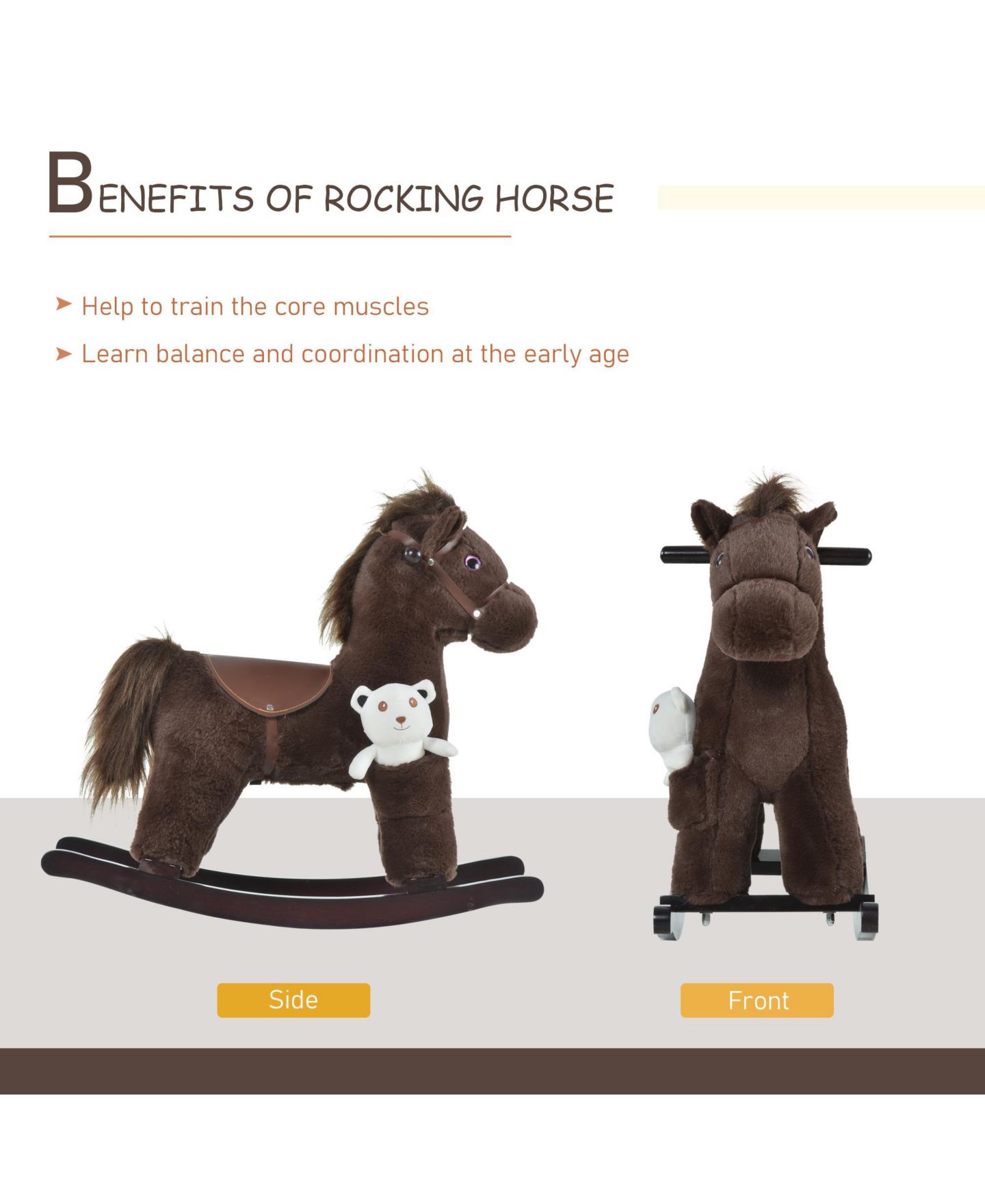 Детская мягкая игрушка Glintex Kids Plush Ride-On Rocking Horse with Bear Toy, Toddler Rocking Chair with Realistic Sounds and Wood Runners for Ages 3 and Up, Holds 66 lbs, цвет: Коричневый — фото 5