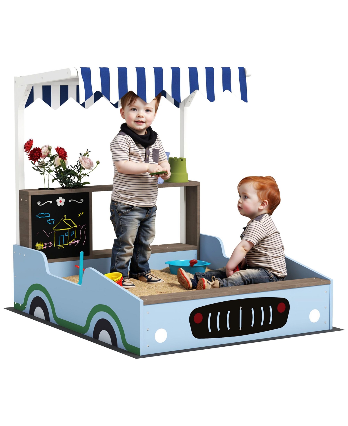 Glintex Wooden Kids Sandbox with Canopy, Bench Seats, Drawing Board and 2 Planting Boxes for Backyard and Garden, Holds 330 lbs of Sand, Blue