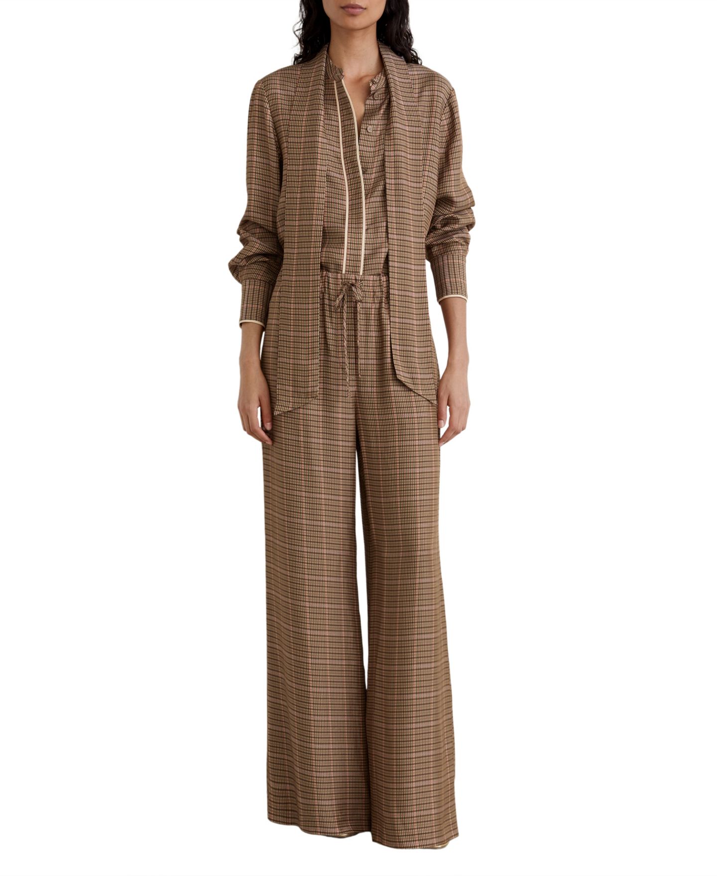 Женская блузка REISS Check Tie-Neck Long-Sleeve, цвет: Нейтральный — фото 3