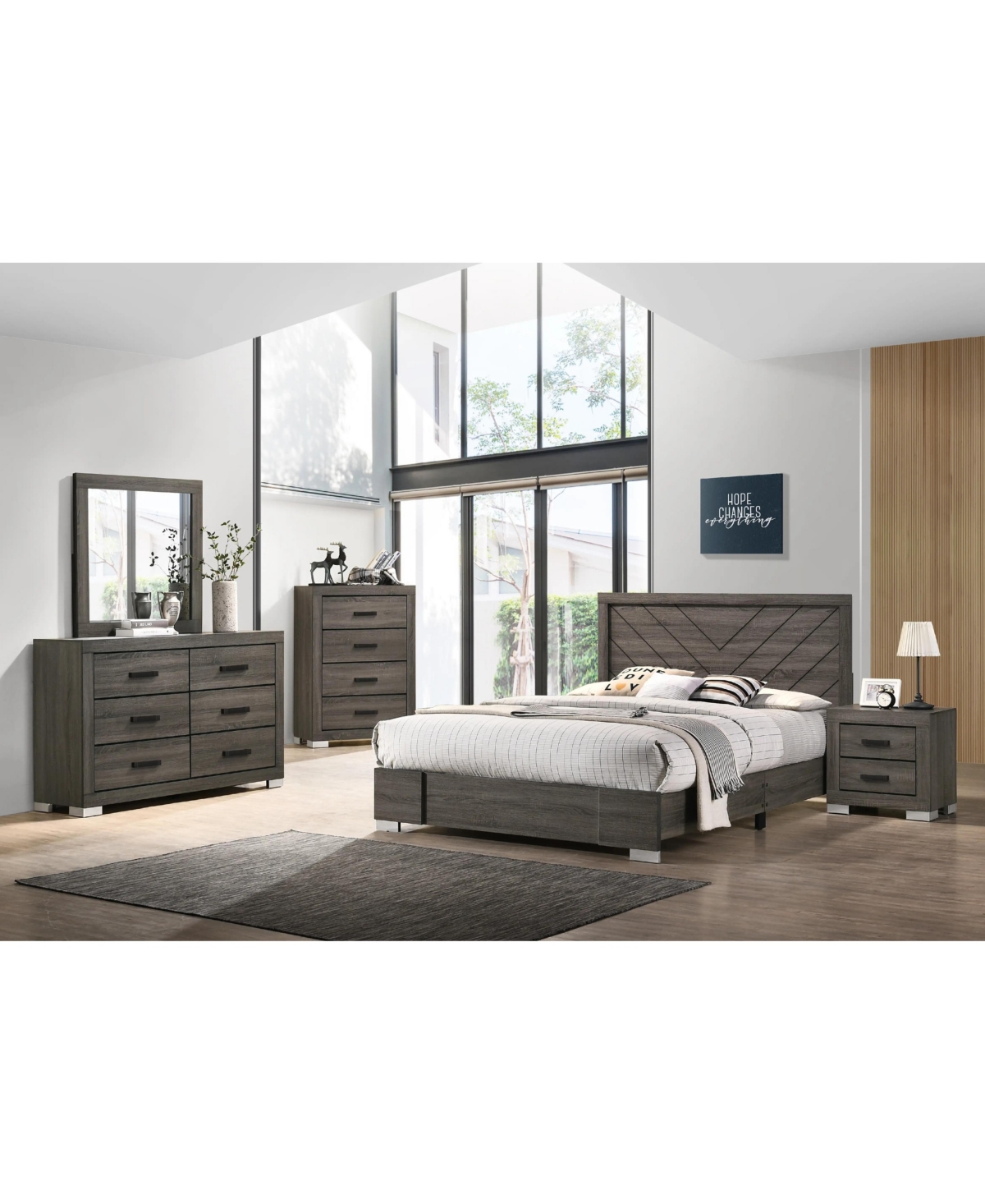 Kings Brand Furniture 6-Piece Bedroom Set - King Size Bed with Dresser, Mirror, Chest and 2 Nightstands - Oak gray