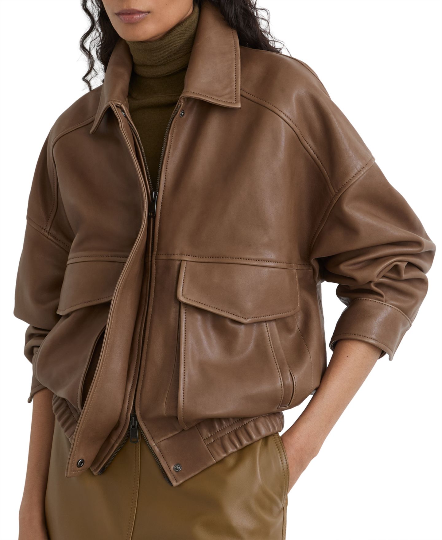 Женская куртка REISS Beau Leather Relaxed Bomber, цвет: Бежевый — фото 1