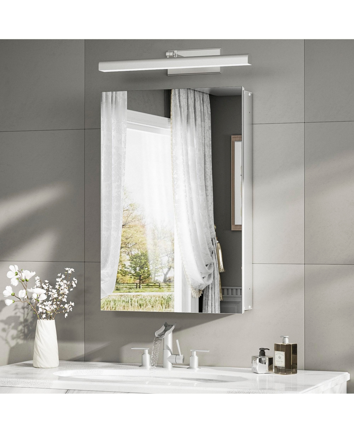 keonjinn 16 x 24 in Frameless Surface/Recessed Aluminum Mirrored Rectangle Medicine Cabinet With Adjustable Shelves - Silver