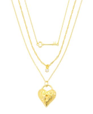 Cubic Zirconia Gold-Tone Layered Heart Necklace, 3-Piece Set