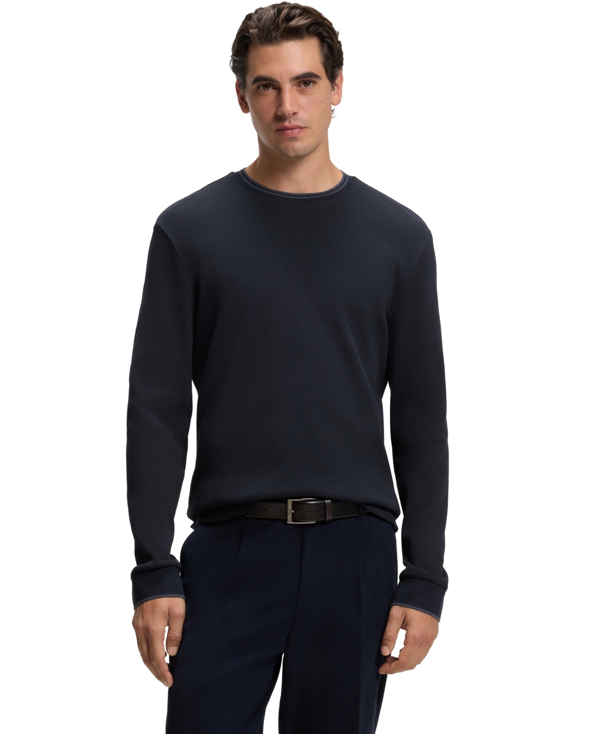 Boss by Hugo Men's H-talley Long-Sleeve Waffle-Structured Crewneck T-Shirt