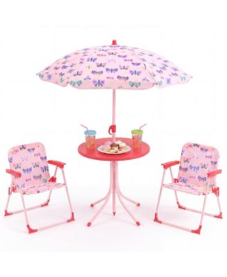 Kids Outdoor Table and Chair Set with 2 Folding Chairs and Height Adjustable Umbrella