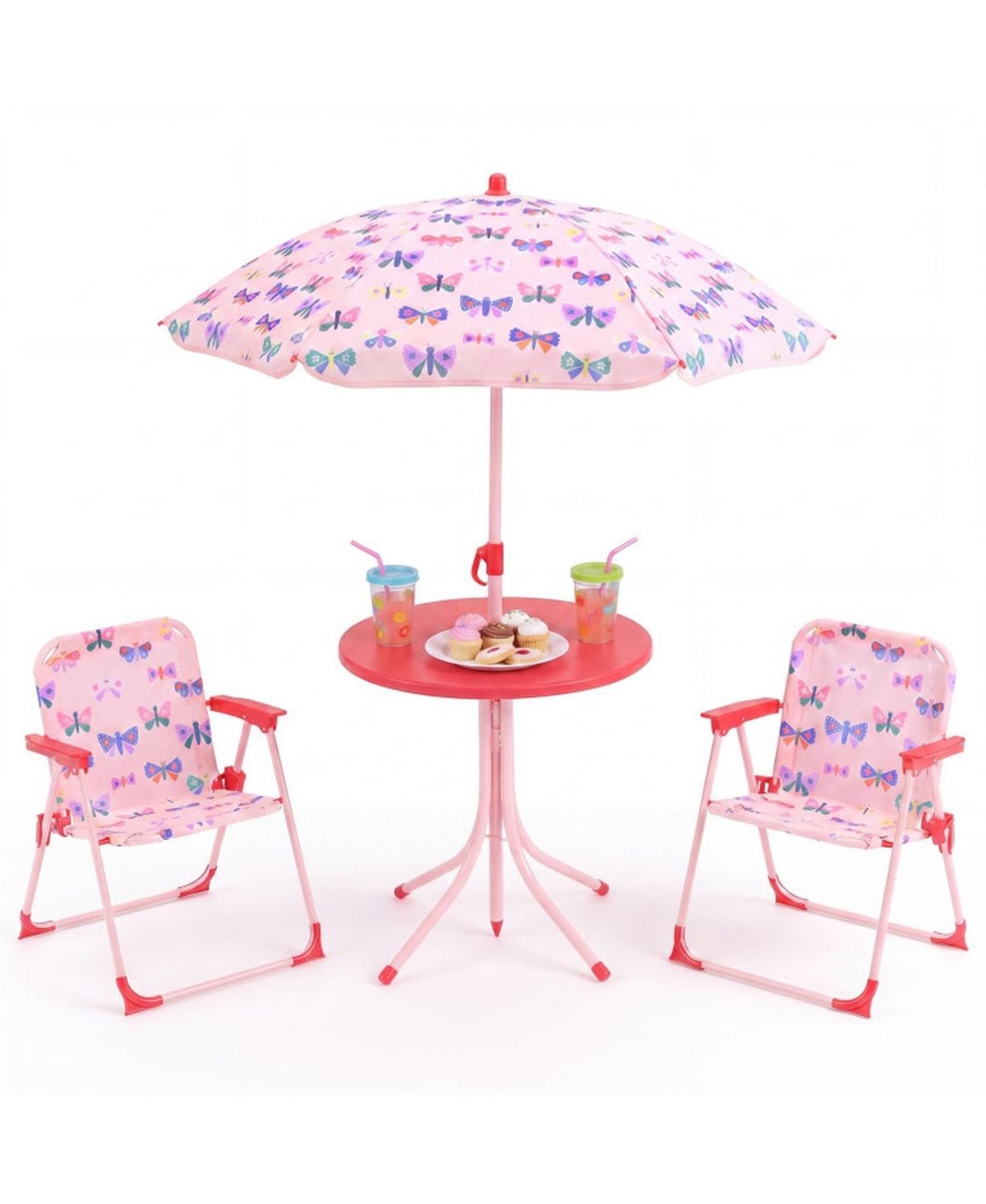 Sugift Kids Outdoor Table and Chair Set with 2 Folding Chairs and Height Adjustable Umbrella - Pink
