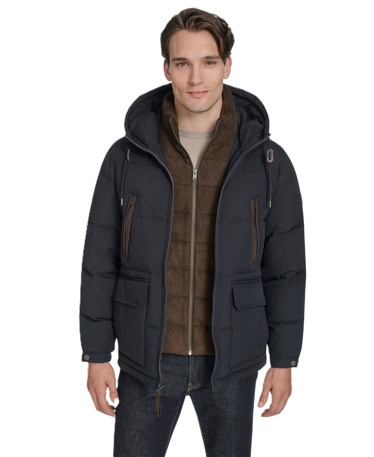 Marc New York Men's Hooded Puffer Faux-Suede Bib Jacket - Ink