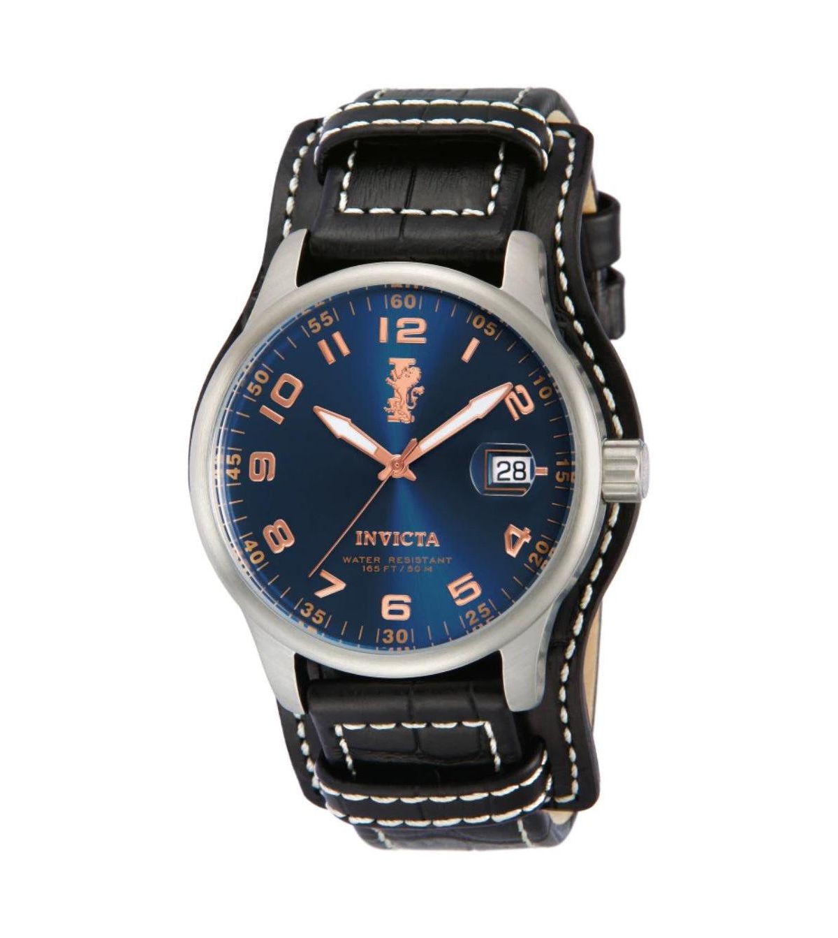 Invicta Men's I-Force Quartz Water-Resistant Blue Dial Black Leather Watch, 44mm - Black