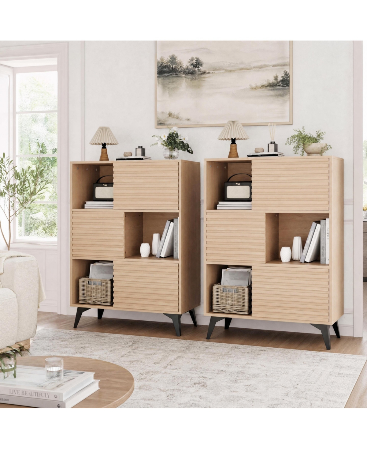 homfan Fluted Storage Cabinet 2-Pack 31 Inches Wooden Sideboard with Sliding Doors Metal Base for Dining Room