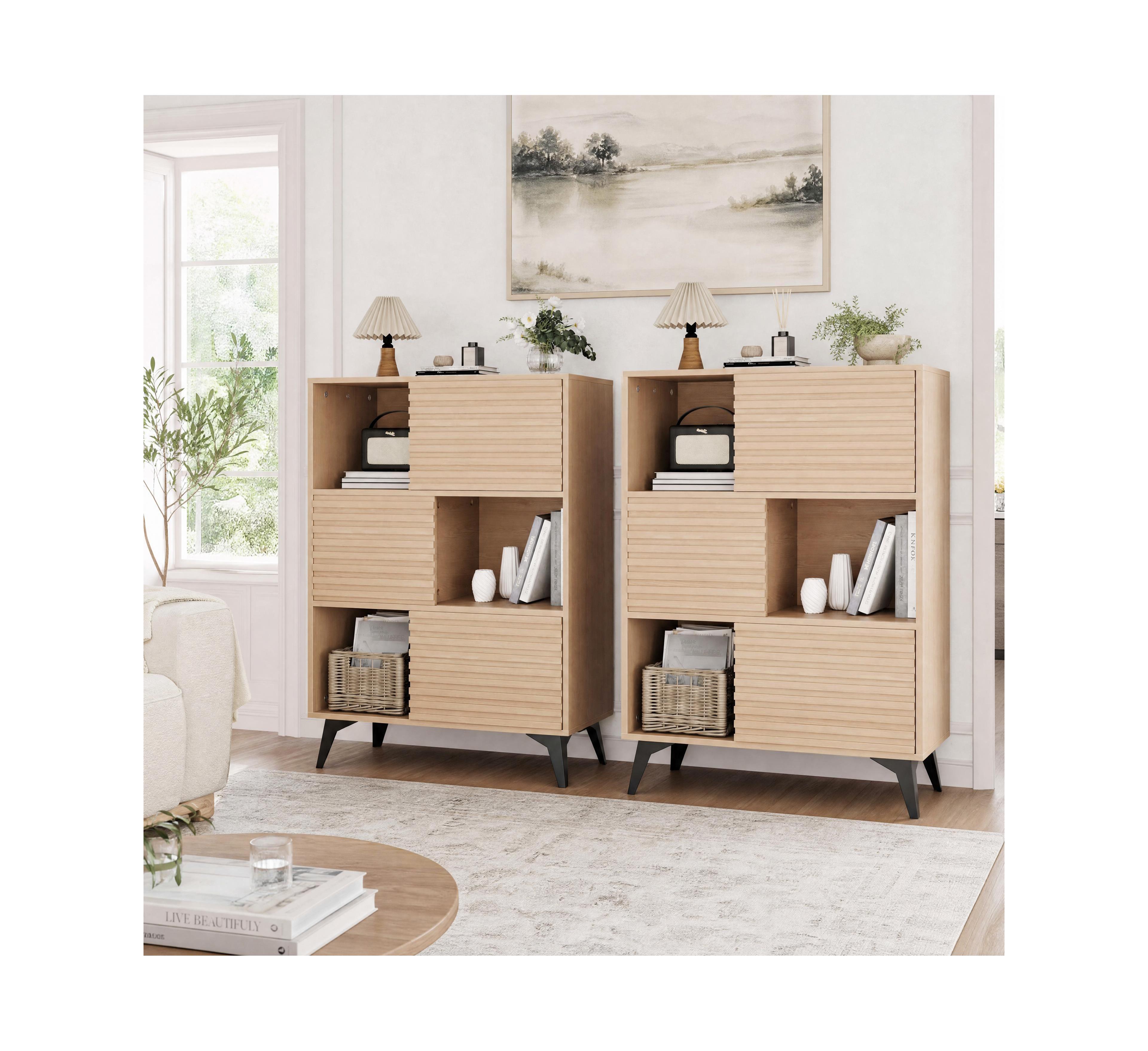 homfan Fluted Storage Cabinet 2-Pack 31 Inches Wooden Sideboard with Sliding Doors Metal Base for Dining Room